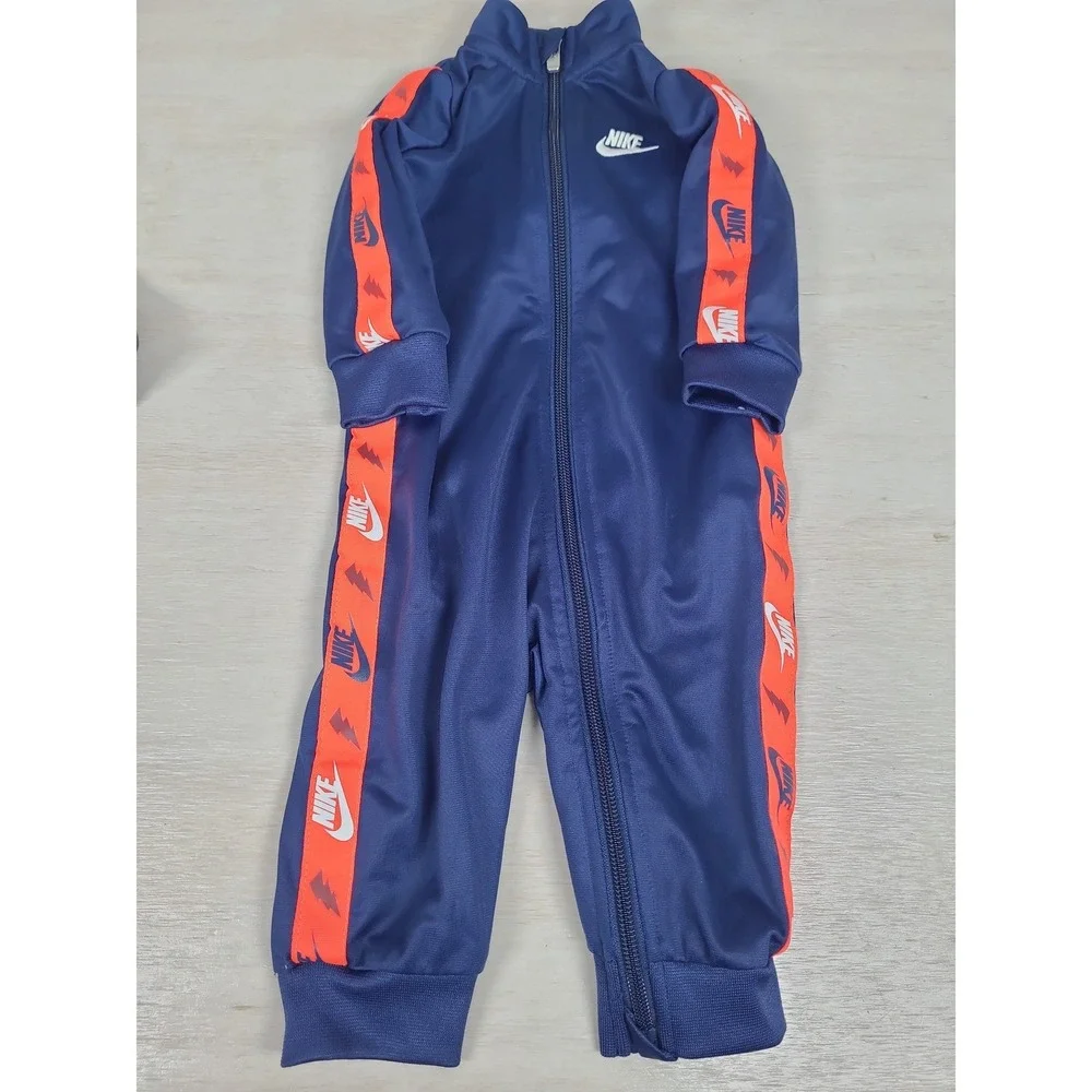 Nike Baby Boys Navy Blue‎ Orange Logo Tape Full Zip Tracksuit Coverall Rpmper